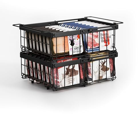 Elayu 2er Gefriertruhe Organizer, verstellbare Körbe für Gefrierschrank, stapelbar, Schwarz, ausziehbare Länge 29-46 cm