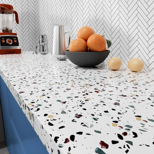 Stickyart Vinilo Adhesivo Muebles Terrazzo Blanca 40 cm x 400 cm Papel Adhesivo para Muebles Vinilo Encimera Cocina Papel Pintado Terrazzo Removible Impermeable para Cocina Encimera Armario Baño