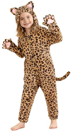 Augesak Leopardkostym barn, gepard helkroppsdräkt barn, djurkostym, leoparddräkt med huva, handskar, karnevaldräkt, leoparddräkt pojke, flicka för cosplay, karneval och halloween (S)