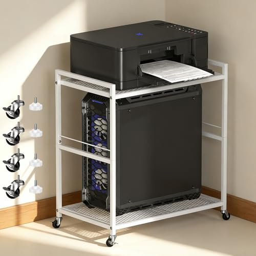 UOMIO 2 Stöckiger PC Ständer Weiß Druckertisch mit Rollen Verstellbaren Füßen Mobiler PC Schrank Computer Stand für Büro Zuhause Aufbewahrung