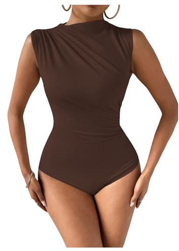 Milumia Women's Ruched Tank Top Sleeveless Mock Neck Bodysuit Fitted Jumpsuit Tops Chocolate Brown Large