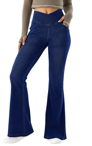 LaiEr Women V Crossover High Waist Tummy Control Casual Fitness Skinny Yoga Pants, Faux Denim Print Women's Bootcut Yoga Pants, Flared Fitness Trousers with Side Pockets(Dark BlueXL)