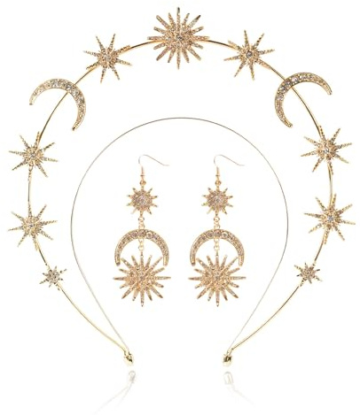 YUSHWENPTY Stern Halo Krone Stirnband Damen Karneval Kostüm Sonne Mond und Sterne Haarreif Gold Göttin Krone Glitzer Kopfschmuck mit Ohrringe für Geburtstag Karneval Cosplay Festival Hochzeit