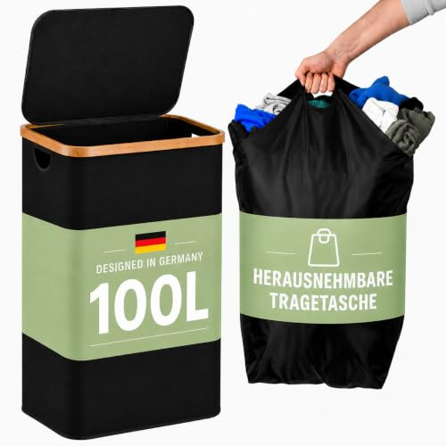 Wäschekorb mit Deckel 100l, Wäschesammler, Wäschebox, Wäschetonne, hoher Wäschekorb mit Bambusrahmen, Aufbewahrungsbox für Spielzeug, Handtücher, Geschenkpapier, laundry box, Pfandflaschensammler
