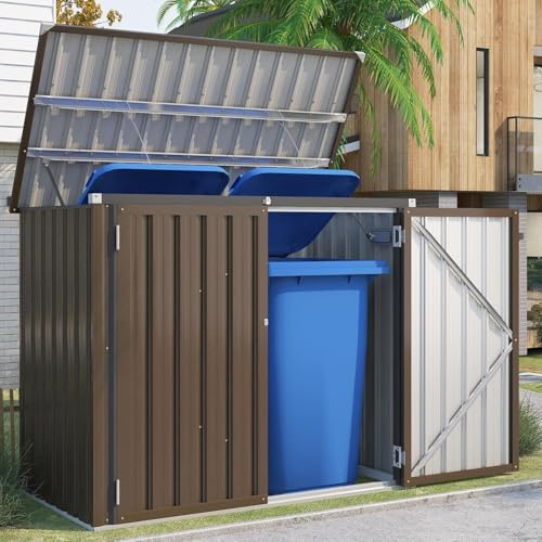 YODOLLA Mülltonnenbox 2er mit Gasdruckfeder, Abschließbar Gartenschrank Wetterfest Geräteschuppen für den Außenbereich, 150,6 x 80 x 117,6cm, 1300L, Braun