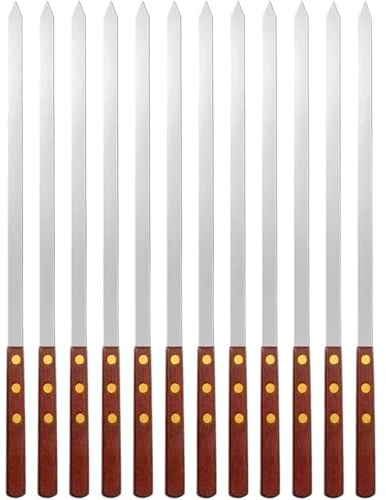 Pique A Brochette Avec Manche En Bois 12 pièces brochettes for griller Barbecue longues en acier inoxydable réutilisables avec manche bois 40/50/60cm(12pcs-50x1cm)