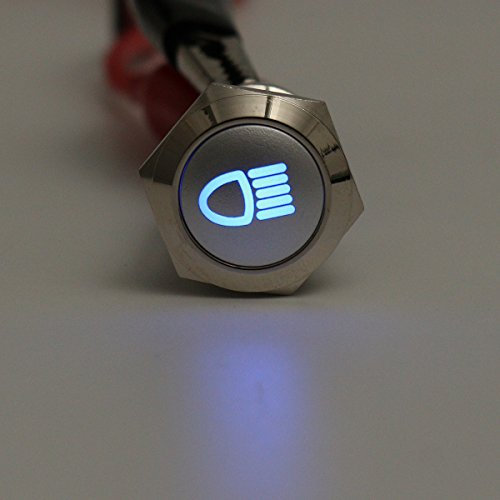 Alamor 12V 19Mm Silver Metal LED Bouton Poussoir sur Off Verrouillage De L'Interrupteur Symbole De Lumière-Bleu