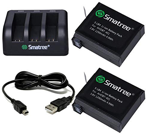 Smatree Batteria di ricambio (2-Pack), 3-Channel Charger with USB Cord for GoPro Hero 4 Camera Camcorder