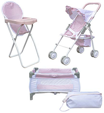 Olivias Little World 3-in-1-Puppen-Kinderwagen, Puppenhochstuhl und Kinderbett-Set Rosa OL-00014