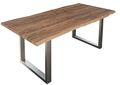 SAM Esstisch Lauren 220x100 cm Akazie Stone Baumkante U-Gestell Silber | Baumkantentisch massiv, Akazienholz stonefarben, Metallgestell, Esszimmertisch