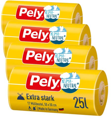 Pely Zugband Müllbeutel extra stark, Vorteilspack (4 x 17 Stück), gelb, für die Entsorgung von Restabfall (25 Liter)