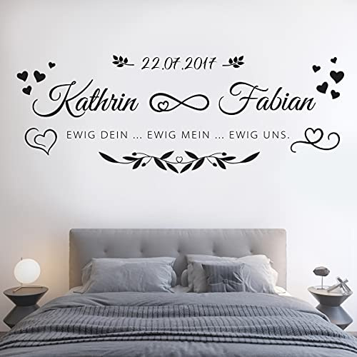 tjapalo® vr6 Wandtattoo Schlafzimmer Liebe Wohnzimmer Wandtatoo mit Namen Wandspruch Sprüche ewig dein ewig mein 2Namen Datum, Farbe: Schwarz, Größe: B130xH49cm