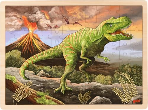 goki 57389 - Einlegepuzzle T-Rex aus Holz, Holzpuzzle mit Dino und Vulkan, Lernspielzeug und Kinderpuzzle, fördert Fantasie und Motorik der Kinder, 40cm x 30cm, 96er Set, ab 3 Jahre