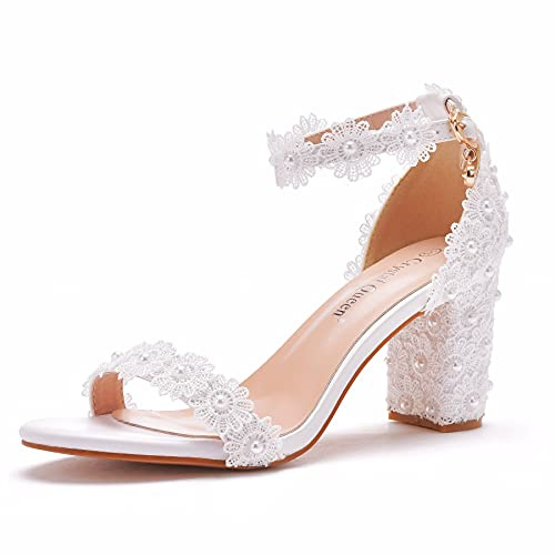 Crystal Queen 3 Inches Block Heel Sandals WomenThick Chunky Heels Peep Toe Wedding Sandals White Pearls Sandals for Wedding Party Evening C07WL-39