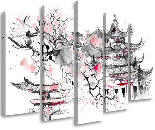 Feeby Tableau sur Toile 150x100 cm Japon Cerisier en fleurs Pagode 5 pièces Image Moderne Tableau Déco Mural Salle De Séjour Est Oriental Asie rose