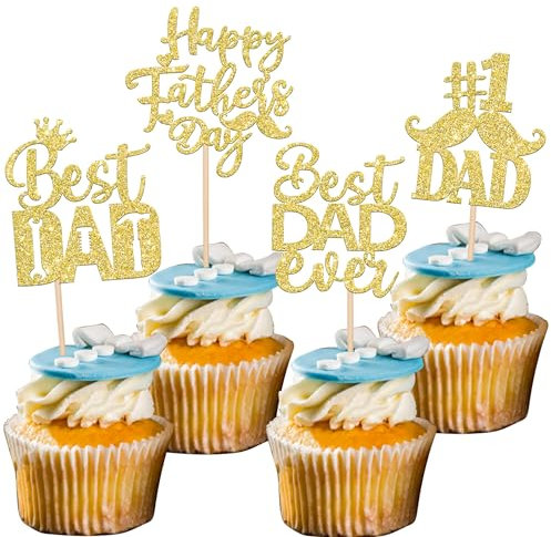Rsstarxi 24 Pack Happy Father's Day Cupcake Toppers Glitter Best Dad Ever #1 Dad Cupcake Picks Tool Construction Cake Decorations for Happy Father's Day Dad Birthday Party Supplies Gold