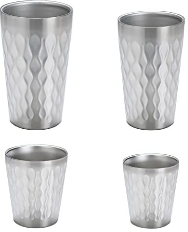 UPTALY Lot de 4 tasses en acier inoxydable argenté (450ml / 350ml / 300ml / 175ml), tasses à ondulations d'eau, tasses à thé glacé épais, tasses à bière à double paroi, tasses à café en métal