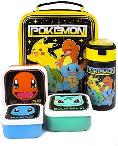 Pokemon Lunchtaschen-Set | Abenteuer mit Pikachu, Bulbasaur, Squirtle, Charmander | 5-teilige Schulessentasche mit BPA-freier Wasserflasche und Snacktöpfen | Spaß in Einheitsgröße