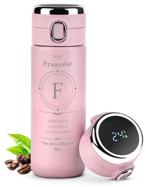 Maverton Tasse thermo avec Gravure, Bouteille Isotherme Personnalisée rose | Avec afficheur LED, Cadeau Femme Personnalisé Café, pour enseignante prof fin d’année, Mug à Personnaliser, MERCI