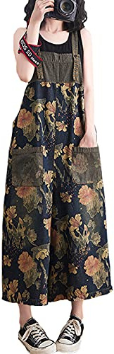VIEWON Women's Loose Adjustable Straps Print Baggy Denim Overalls Casual Bib Jeans Wide Leg Jumpsuit Rompers Pants (Dark Blue,S)