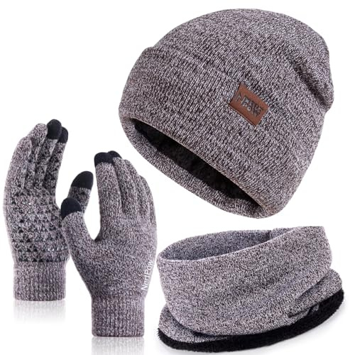 Nertpow Mütze, Schal & Handschuh-Sets für Damen Herren, Touchscreen Handschuhe Winter Beanie Mütze Stricken mit Fleece Gefüttert Schal Halswärmer Geschenk Set(Handschuhe&Mütze&Schal Kaffee Weiß)