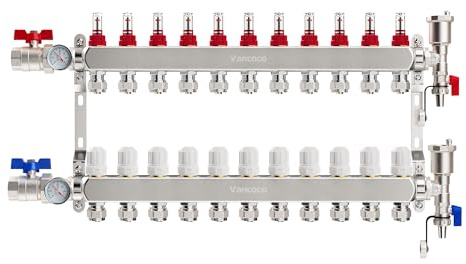 VANCOCO Heizkreisverteiler Edelstahl für 11 Heizkreise mit Eurokonus 16 × 2 mm, Fußbodenheizung Verteiler, Schnellentlüfter Set, 1 Kugelhähne, Durchflussmesser