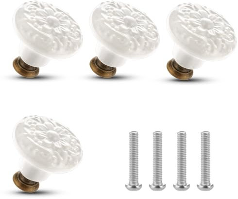 ASTER Lot de 4 boutons en céramique pour tiroirs vintage en forme de fleur, boutons décoratifs pour meubles avec vis de montage pour placards, tiroirs, armoires, portes, diamètre 3,6 cm (blanc)