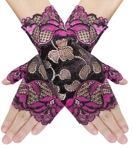 PPhtony Women Short Lace Gloves 80s Opera Evening Wedding Sunblock Fingerless Bridal Floral Gloves for Girl Halloween Cosplay (Rose Red & Black)