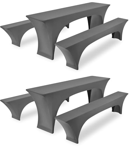 FXKS Stretchhussen Set 6tlg. 2 Biertisch + 4 Bierbank Hussen Hellgrau | Für 2 Bierzeltgarnituren, 220 x 50 x 70 cm, Elastisch und Waschbar, mit Fußtaschen für Party und Bankett