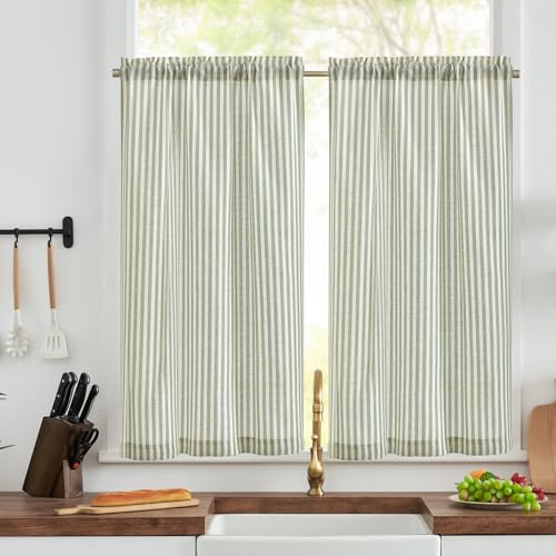 TOPICK Kitchen Curtains, Striped Cafe Curtains, W26 xL45 Green 2 Panels | Rod Pocket Linen Look Curtains, Light Filtering Privacy Drapes for Bathroom, Bedroom, Sink, Basement, Caravan, Cupboard