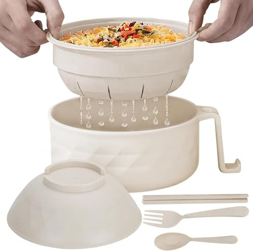 Bol de cuisson pour micro-ondes, ramen, nouilles ramen avec baguettes, cuillère et fourchette, bol à ramen de 32 oz, bol à nouilles instantanées pour cuisine, maison, collège, dortoir (beige)