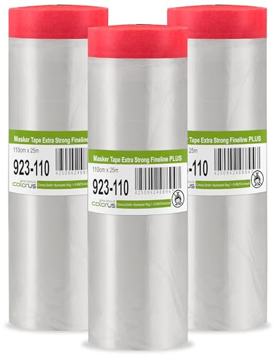 Colorus Abdeckfolie mit Klebeband 3er Set 110 cm x 25 m Masker Tape | Faserverstärktes Goldband mit statisch haftender HDPE-Folie – 120 Tage UV-beständig, für Wände und Fensterfronten