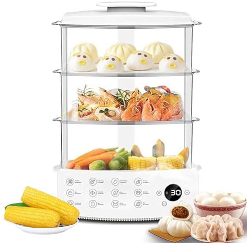 Vaporiera Elettrica, Vaporiera per Verdure a 3 Livelli,Vaporiera Digitale Multifunzione da 900 W con capacità di 12 Litri, Timer Intelligente 24 Ore,Vaporiera Elettrica Domestica per Cucinare Verdure