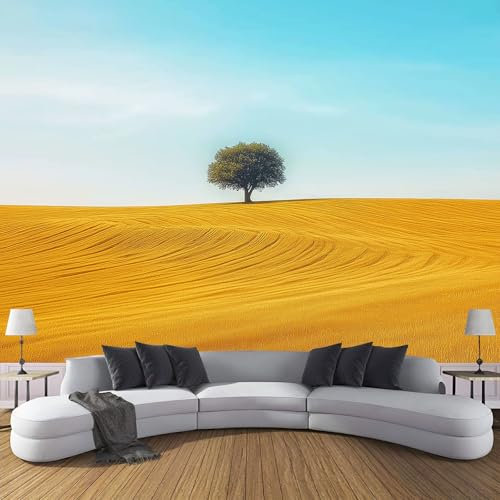 Tapete Fototapete 3D Effekt, Gold Weizenfeld Baum Wandbild Wandtapete, Retro Wanddekoration Seidenstoff Tapete, Hauptdekorationen Für Wohnzimmer Schlafzimmer, ‎150X105Cm (B×H)