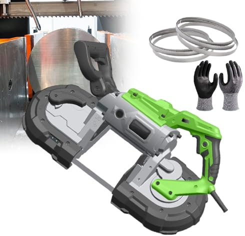 pedenencelia 1100w Portable Band Saw, Deep Cut Bandsaw, 0-45° Angle Cutting, Dual Switch Design, With 3 Size Saw Blade (6pcs)&1 Gloves, For Copper, Aluminum, Steel, Floor,Withoutbase