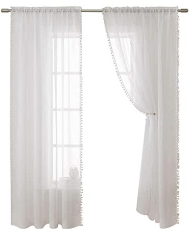 Home - Cortinas traslúcidas de lino con textura de encaje, semitransparentes, ligeras, aireadas, transpirables, decoración de ventana para dormitorio, sala de estar, comedor, 2 paneles