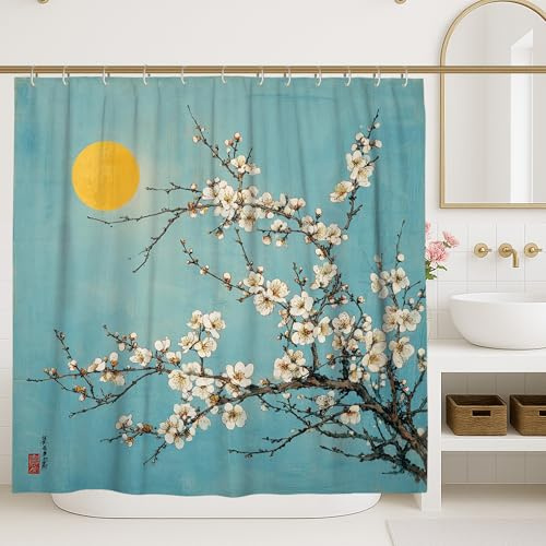 Cortina de ducha floral, decoración de baño azul y amarillo con flor de ciruelo, impermeable, moderna, inspirada en Asia, juego de cortina de ducha de 36 x 72 pulgadas
