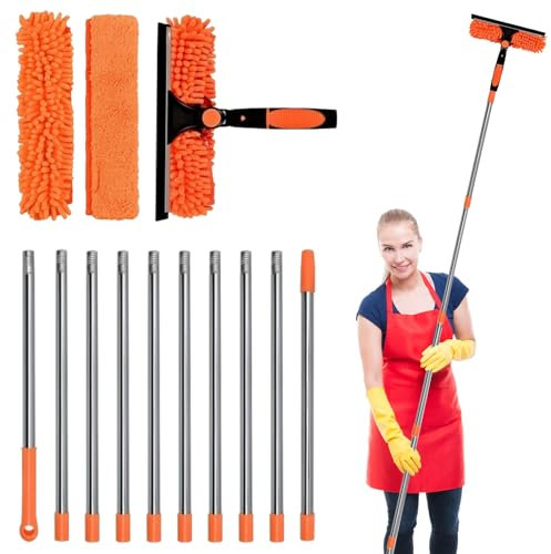4,3 M Limpiacristales TelescóPico con Mango Largo 2 En 1 Kit Profesional De Limpieza De Cristales con Raspador Y PañO De Limpieza para Ventanas Altas Paredes Y Coches