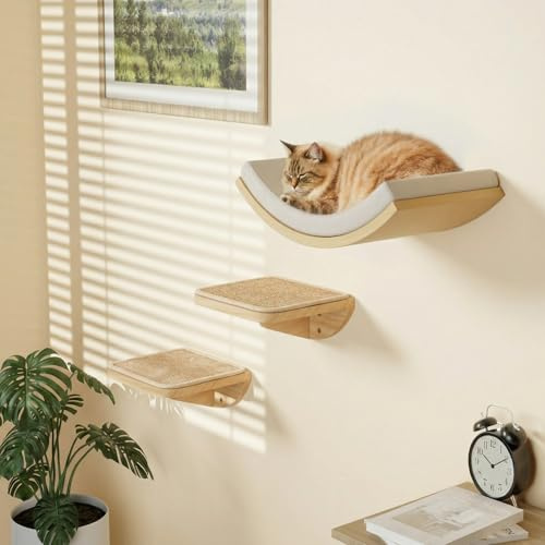 PELUOMOZ Katzen Wandmöbel Set 3-teilig, Holz Liegefläche mit Schaumstoff | 3-teiliges Katzen Wandmöbel, gebogene Liegefläche mit Schaumstoffmatte, Sisal Kletterstufen, stabile Holzkonstruktion, 15kg
