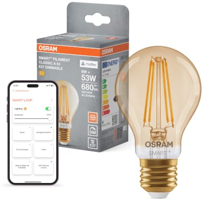 Osram SMART+ LED-Lampe, A53, 6W, 2400K, E27, Kolbenform, Filament, Gold, dimmbar, steuerbar per App oder Sprache, kompatibel mit Matter-Systemen