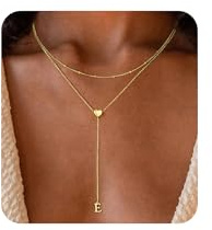 TINGN Y Kette Gold Damen - 14K Vergoldete Y Kette Lange Halskette Damen Kettenanhänger Halskette mit Buchstaben E Goldkette Frauen mit Herz Anhänger Lange Ketten Gold Modeschmuck Frauen Geschenk