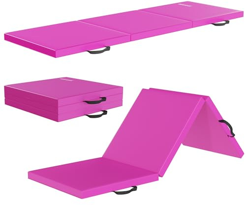 Fitvids Folding Exercise Gymnastics Mat for Tumbling, 2'x6'x2 Gym Workout Mat with Carrying Handles High-Density Anti-Tear Portable Fitness Aerobics Mats for Home Gym Yoga Pilates MMA Core Training, Hot Pink