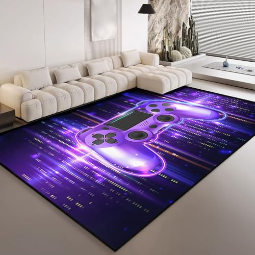 HOSIMA Lilafärgad matta med spelkonsoltryck, mjuk, halkfri undersida, korta mattor för barnrum, sovrum, halkfri golvmatta, kort lugg, fluffig matta (160 x 220)