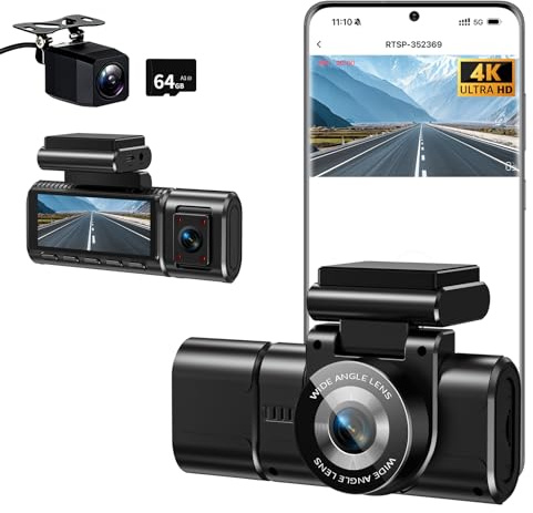 4K Dashcam Auto Vorne Hinten mit WiFi,3 Channel 1080P Dash Cam Auto Kamera 3,16 IPS Bildschirm,Kostenlose 64 GB Karte,Nachtsicht,G Sensor,Loop-Aufnahme,200°Weitwinkel WDR,Parküberwachung