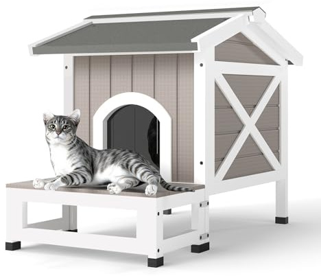 Ketive Cat House with Dual Escape Doors,Fir Wood Feral Cat Shelter for 1-2 Cats with Large Balcony,Weatherproof Feral Cat Enclosure with Elevated Floor|Openable Roof for Indoor Outdoor,Grey