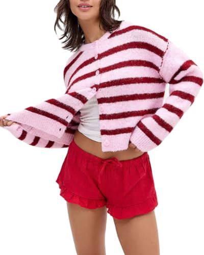 SANSIWU Women's Classic Striped Cardigan Sweaters Long Sleeve Button Down Knitted Coat Y2K Color Block Cropped Knit Cardigans Outwear Jackets (A-Pink, M)