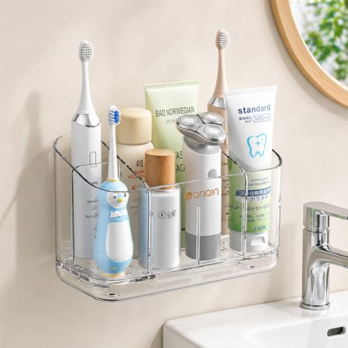 Zahnbürstenhalter Transparent Groß, Badezimmer Organizer mit 5 Fächern | Mit Herausnehmbaren Trennwänden und Abtropfschale, für Elektrische Zahnbürsten, Zahnpasta, Rasierer und Pflegeprodukte