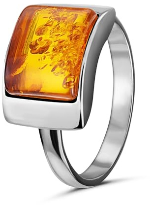 Holiday Gift Shops Sterling Silver Baltic Honey Amber Ring for Women - Rectangular Genuine Baltic Amber Cabochon, 925 Silver Natural Gemstone Jewelry, “Sunniva”
