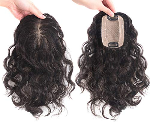 Susanki Haarteil aus 100 % Echthaar, 7,1 x 9,9 cm, Seidenbasis, mit Clip, gewellt, gelockt, für Frauen (30 cm, Dunkelbraun)