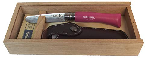 OPINEL Kindermesser mit Buchenholzgriff | verschiedene Griff-Farben wählbar | mit Namensgravur, in Holz-Geschenkbox + Messer-Etui